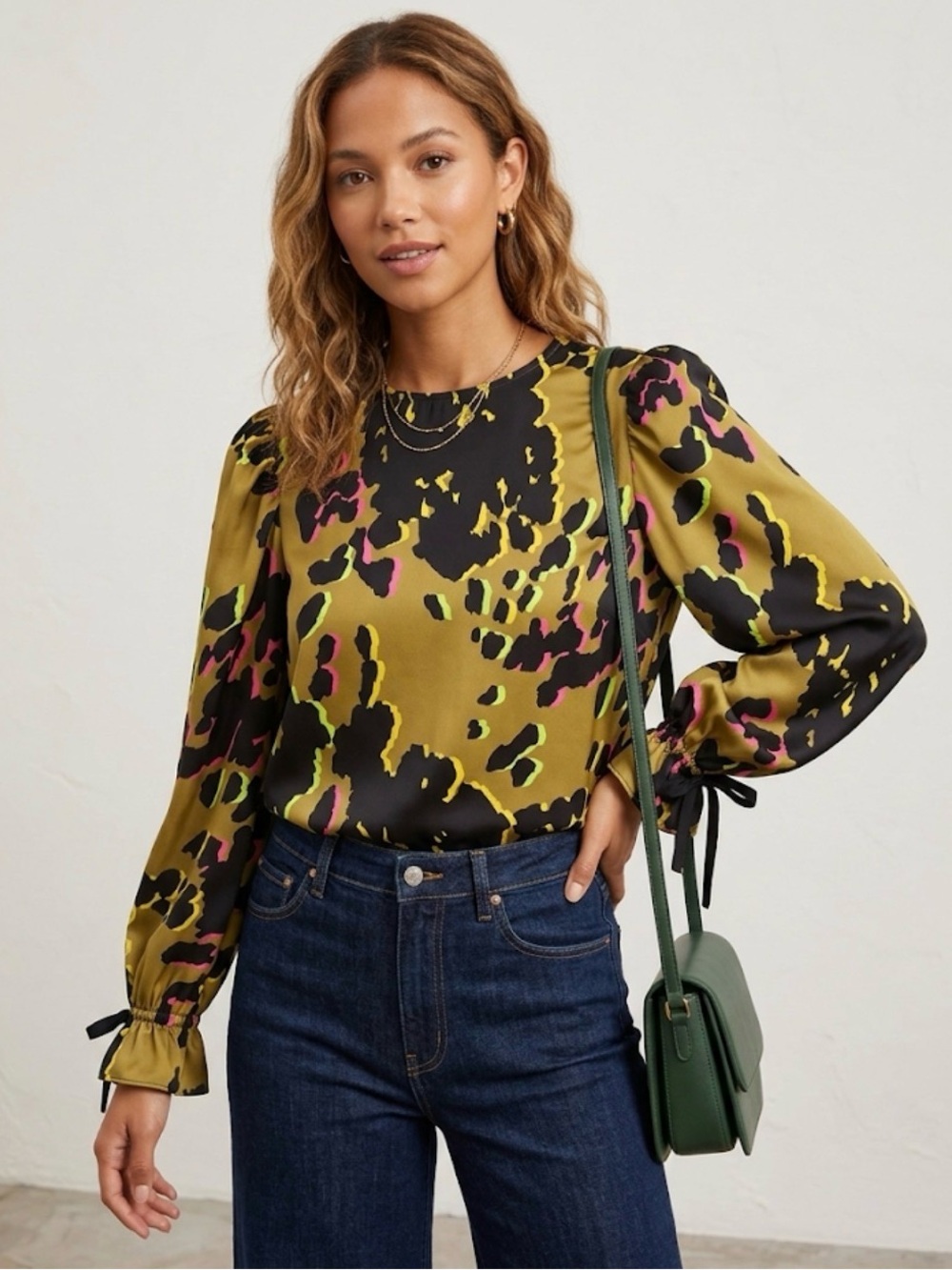 Crosby Elizabeth Blouse Patched Leopard Satin Puff Sleeve Neon Olive XS